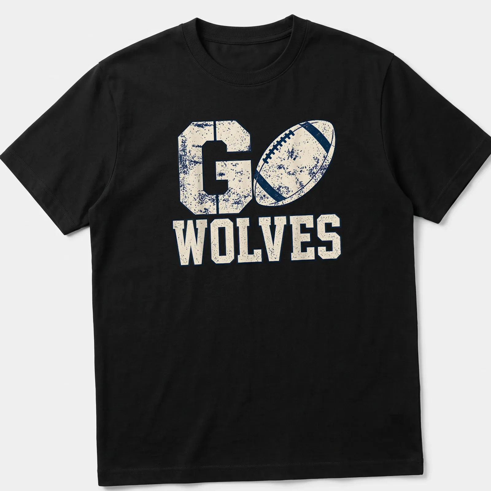 Vintage distressed shirt with 'Go Wolves' in navy blue on cream and beige background. — printed on a unisex t-shirt