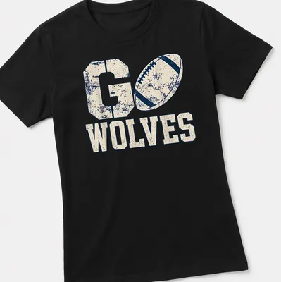 Vintage distressed shirt with 'Go Wolves' in navy blue on cream and beige background. — printed on a women's shirt