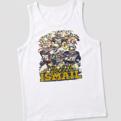 Vintage collage t-shirt featuring Rocket Ismail in rich colors — printed on a tank top