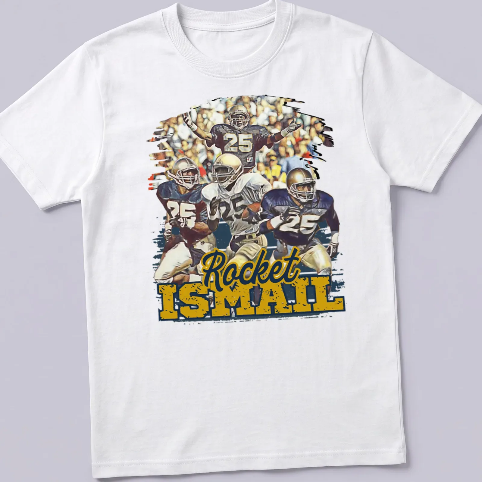 Vintage collage t-shirt featuring Rocket Ismail in rich colors — printed on a unisex t-shirt