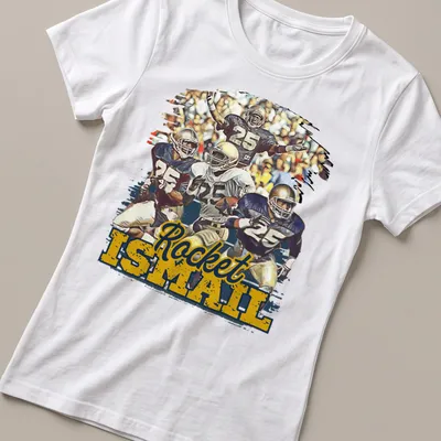 Vintage collage t-shirt featuring Rocket Ismail in rich colors — printed on a women's shirt