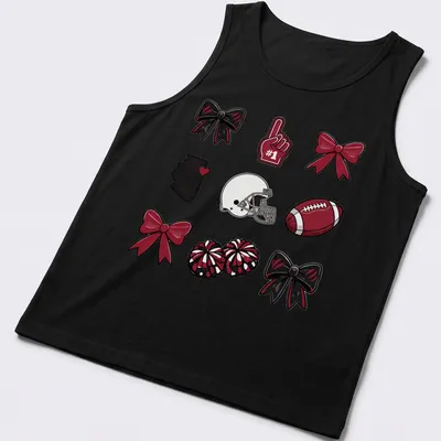 Cartoon design featuring football accessories and spirit bows in red, black, and white — printed on a tank top