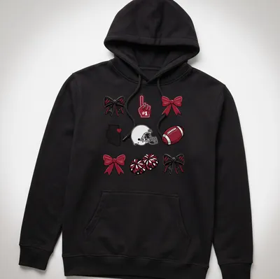 Cartoon design featuring football accessories and spirit bows in red, black, and white — printed on a unisex hoodie