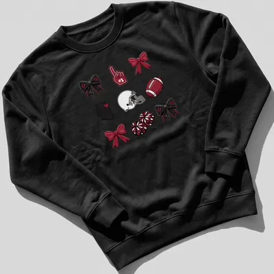 Cartoon design featuring football accessories and spirit bows in red, black, and white — printed on a unisex sweatshirt