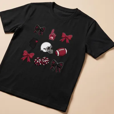 Cartoon design featuring football accessories and spirit bows in red, black, and white
