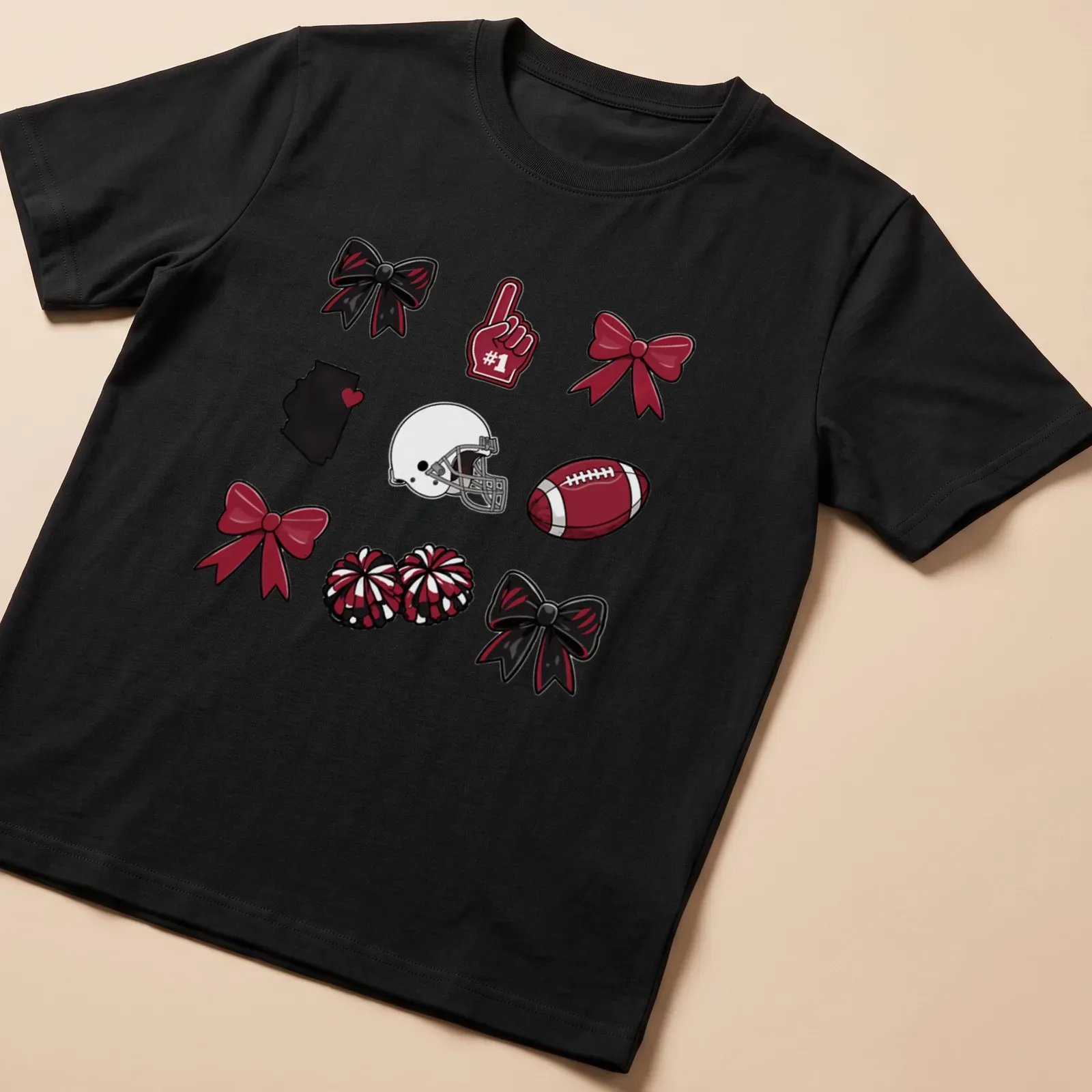 Cartoon design featuring football accessories and spirit bows in red, black, and white — printed on a unisex t-shirt