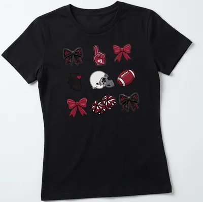 Cartoon design featuring football accessories and spirit bows in red, black, and white — printed on a women's shirt