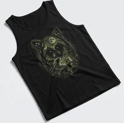 Cottagecore t-shirt design featuring a fox and raccoon in a moonlit scene — printed on a tank top
