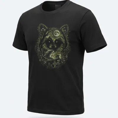 Cottagecore t-shirt design featuring a fox and raccoon in a moonlit scene