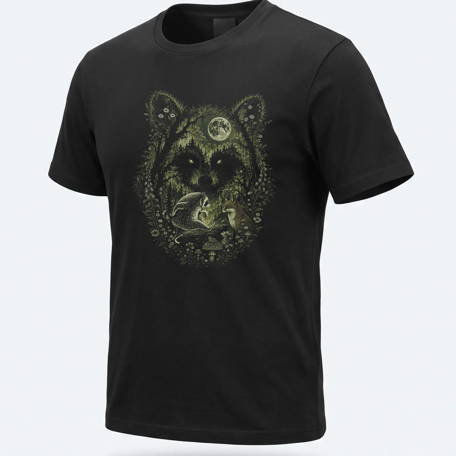 Cottagecore t-shirt design featuring a fox and raccoon in a moonlit scene — printed on a unisex t-shirt