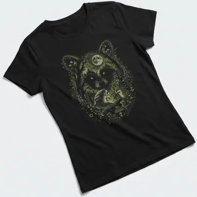 Cottagecore t-shirt design featuring a fox and raccoon in a moonlit scene — printed on a women's shirt