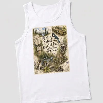 Vintage illustrated T-shirt depicting a forest scene in Montana with wildlife — printed on a tank top