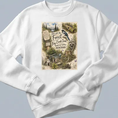 Vintage illustrated T-shirt depicting a forest scene in Montana with wildlife — printed on a unisex sweatshirt