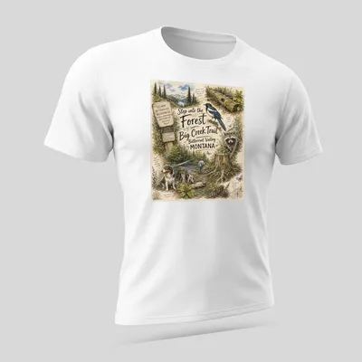 Vintage illustrated T-shirt depicting a forest scene in Montana with wildlife — printed on a unisex t-shirt (angled view)
