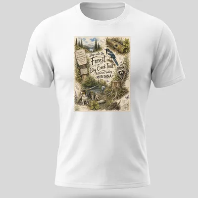Vintage illustrated T-shirt depicting a forest scene in Montana with wildlife