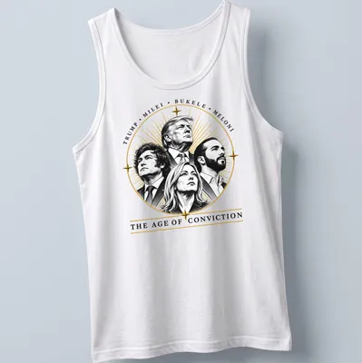Illustration of four political leaders with the text 'Trump, Milei, Bukele, Meloni' in gold over black and white. — printed on a tank top