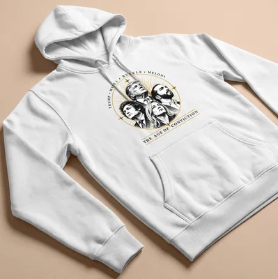 Illustration of four political leaders with the text 'Trump, Milei, Bukele, Meloni' in gold over black and white. — printed on a unisex hoodie