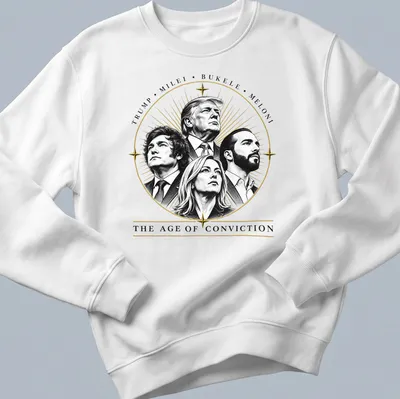Illustration of four political leaders with the text 'Trump, Milei, Bukele, Meloni' in gold over black and white. — printed on a unisex sweatshirt