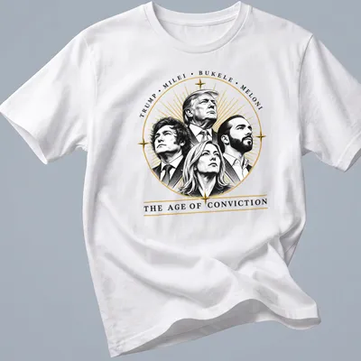 Illustration of four political leaders with the text 'Trump, Milei, Bukele, Meloni' in gold over black and white. — printed on a unisex t-shirt