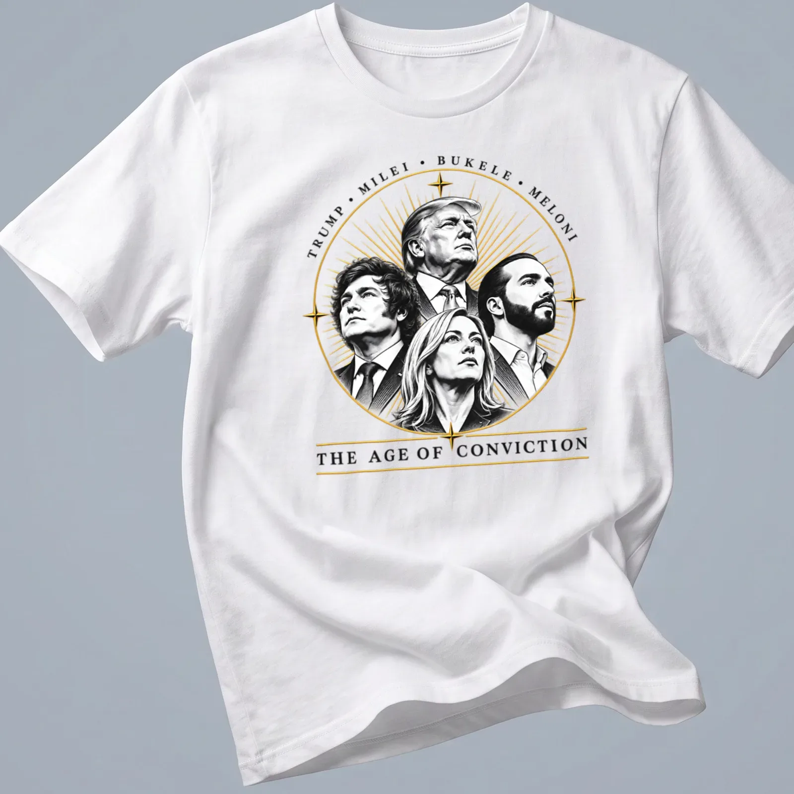Illustration of four political leaders with the text 'Trump, Milei, Bukele, Meloni' in gold over black and white. — printed on a unisex t-shirt