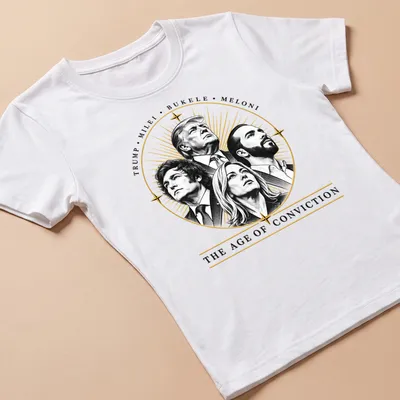 Illustration of four political leaders with the text 'Trump, Milei, Bukele, Meloni' in gold over black and white. — printed on a women's shirt