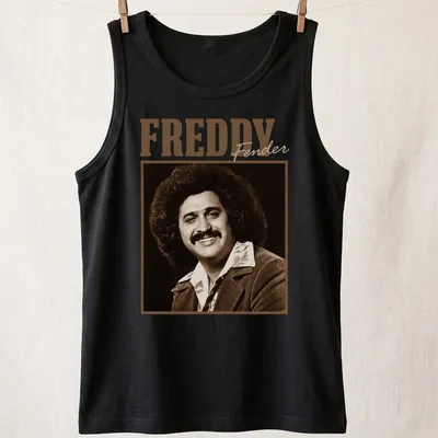 Vintage sepia portrait of Freddy Fender with his name in stylized text. — printed on a tank top