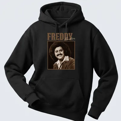 Vintage sepia portrait of Freddy Fender with his name in stylized text. — printed on a unisex hoodie
