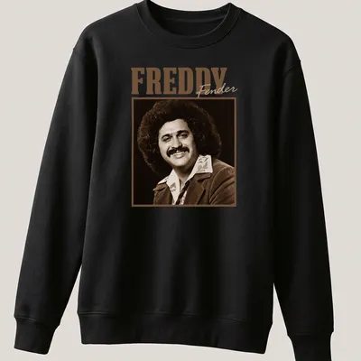 Vintage sepia portrait of Freddy Fender with his name in stylized text. — printed on a unisex sweatshirt