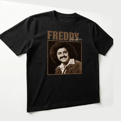 Vintage sepia portrait of Freddy Fender with his name in stylized text. — printed on a unisex t-shirt (angled view)