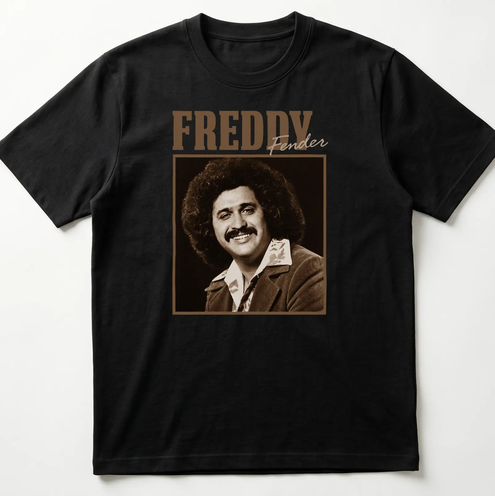 Vintage sepia portrait of Freddy Fender with his name in stylized text. — printed on a unisex t-shirt