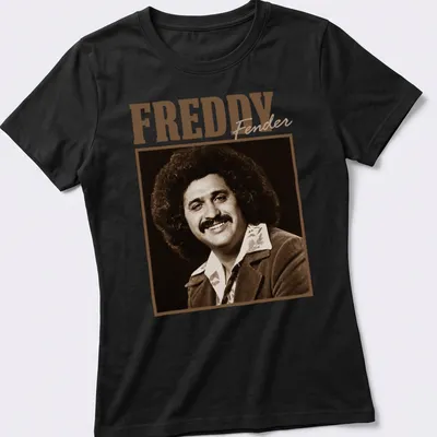 Vintage sepia portrait of Freddy Fender with his name in stylized text. — printed on a women's shirt