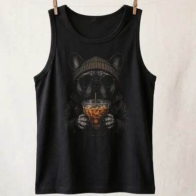 Hipster illustration of a French Bulldog drinking iced coffee in warm colors. — printed on a tank top