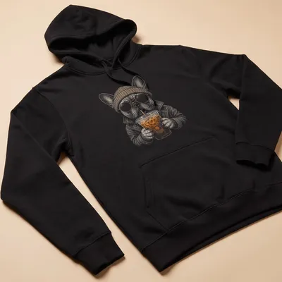 Hipster illustration of a French Bulldog drinking iced coffee in warm colors. — printed on a unisex hoodie