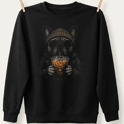 Hipster illustration of a French Bulldog drinking iced coffee in warm colors. — printed on a unisex sweatshirt