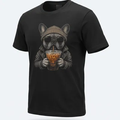 Hipster illustration of a French Bulldog drinking iced coffee in warm colors.