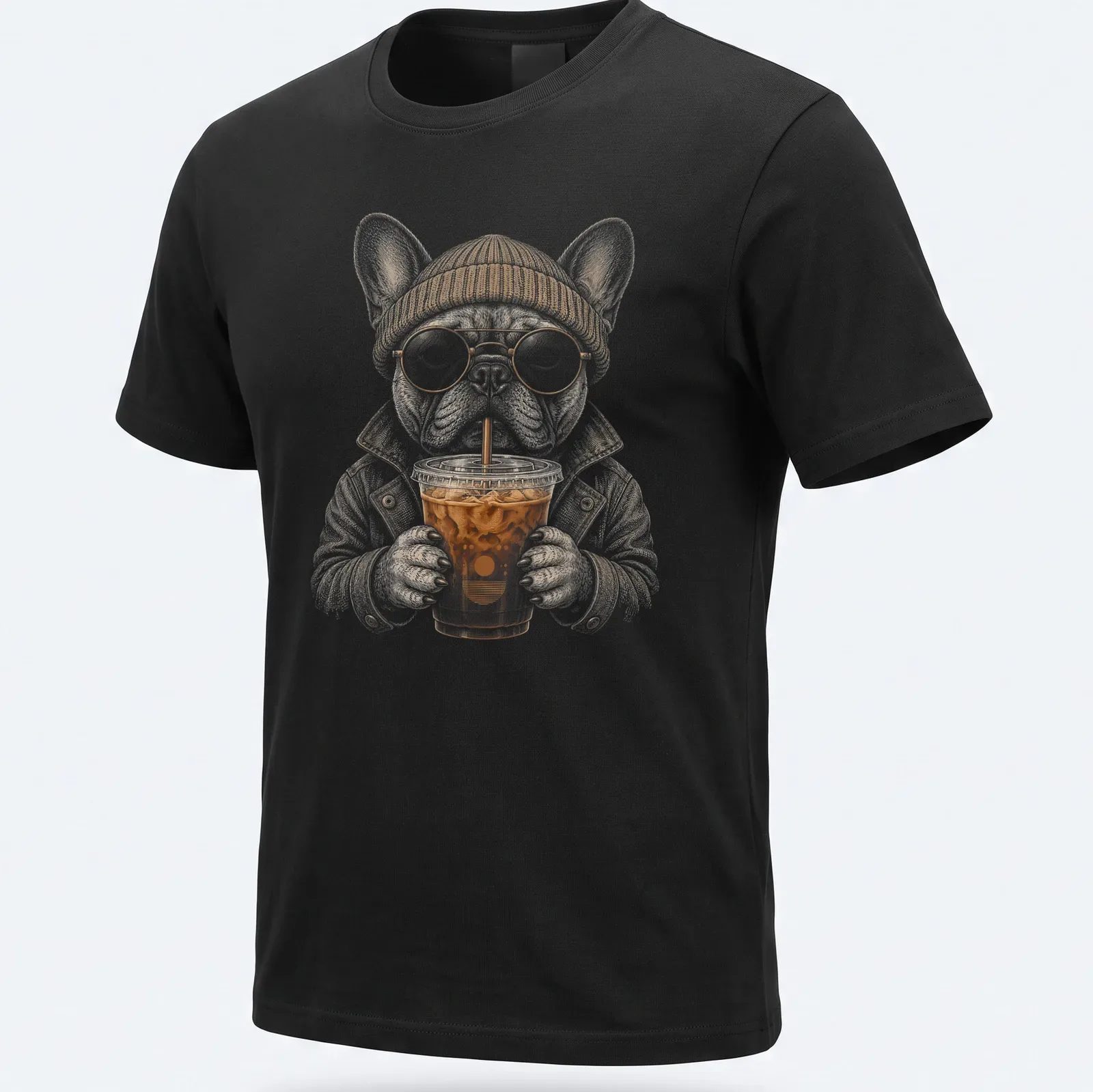 Hipster illustration of a French Bulldog drinking iced coffee in warm colors. — printed on a unisex t-shirt