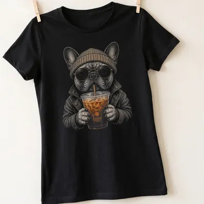 Hipster illustration of a French Bulldog drinking iced coffee in warm colors. — printed on a women's shirt