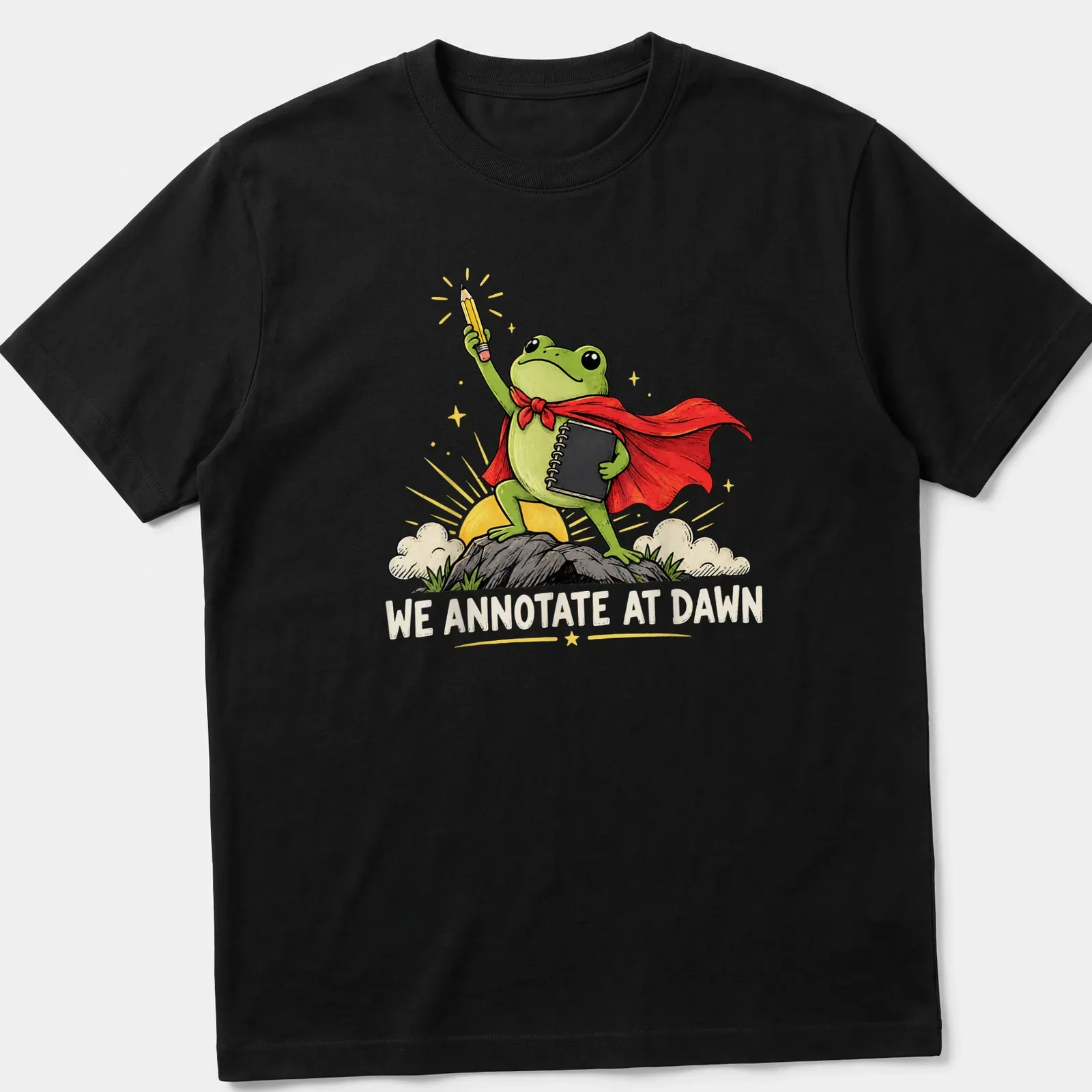 Colorful cartoon frog graphic with humorous text for English teachers — printed on a unisex t-shirt