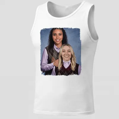 Photographic design of Paige Bueckers and Azzi Fudd playing basketball in vibrant colors — printed on a tank top