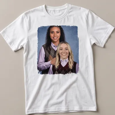 Photographic design of Paige Bueckers and Azzi Fudd playing basketball in vibrant colors