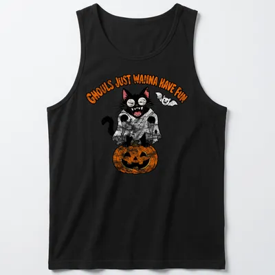 Funny cartoon design of a black cat with text 'Ghouls Just Wanna Have Fun' — printed on a tank top