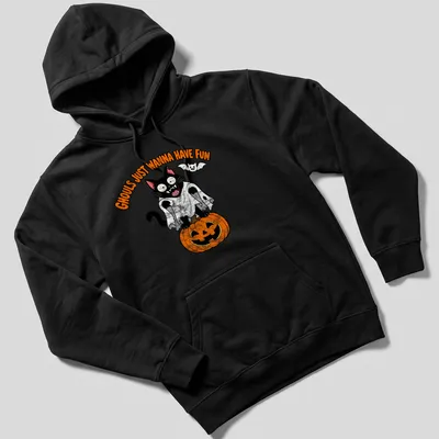 Funny cartoon design of a black cat with text 'Ghouls Just Wanna Have Fun' — printed on a unisex hoodie