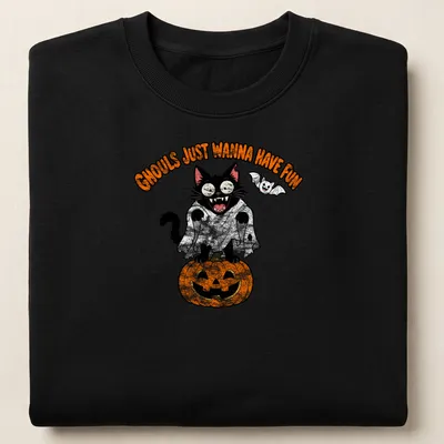 Funny cartoon design of a black cat with text 'Ghouls Just Wanna Have Fun' — printed on a unisex sweatshirt