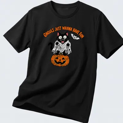 Funny cartoon design of a black cat with text 'Ghouls Just Wanna Have Fun'