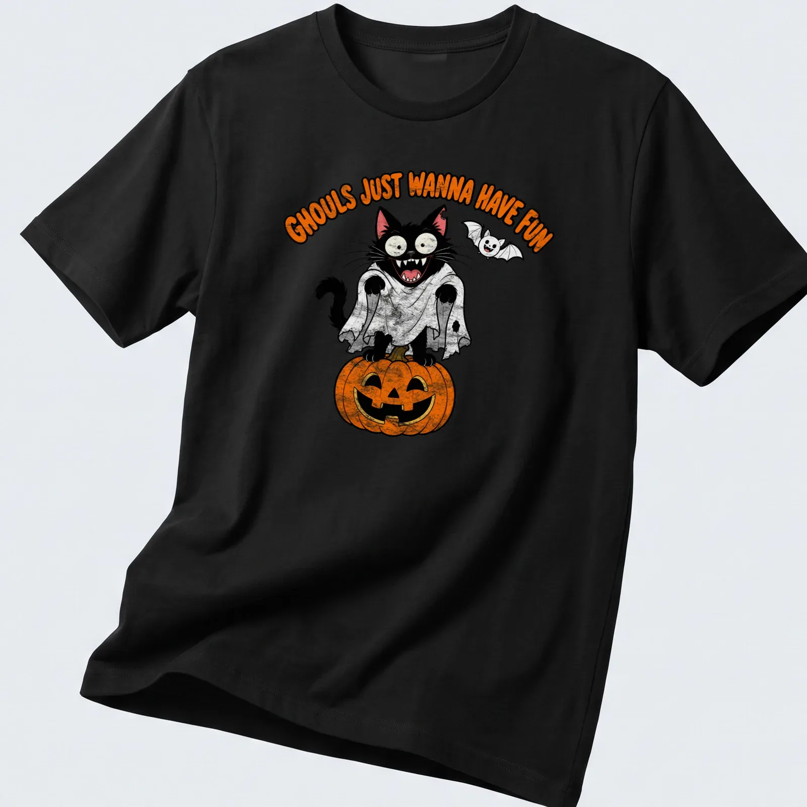 Funny cartoon design of a black cat with text 'Ghouls Just Wanna Have Fun' — printed on a unisex t-shirt