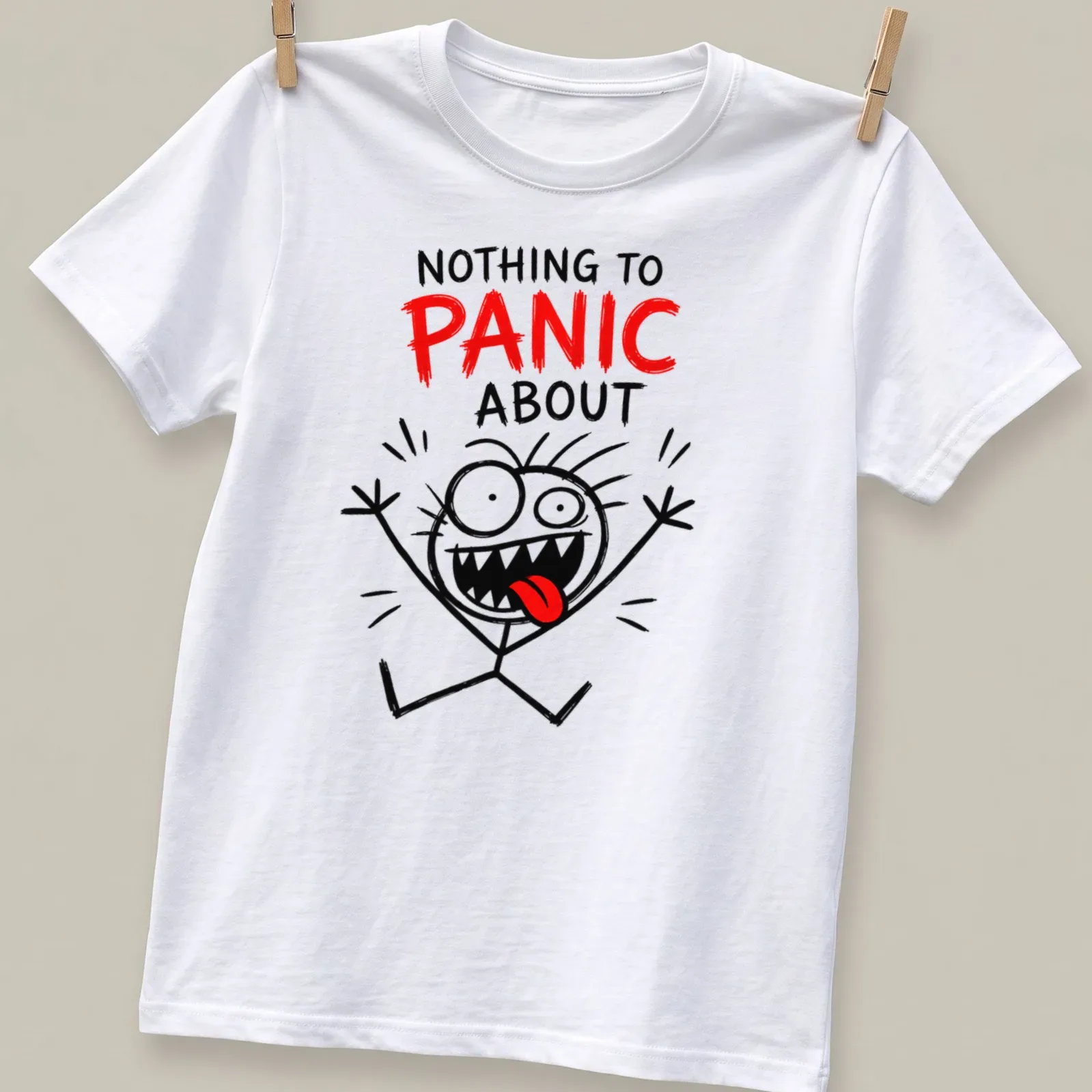 Funny cartoon character with text saying 'Nothing To Panic About' in red — printed on a unisex t-shirt