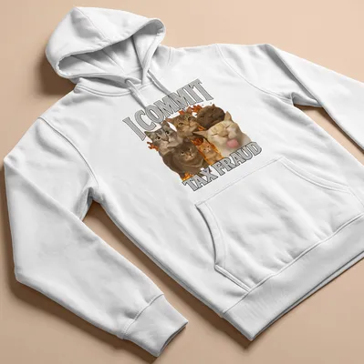 Humorous collage of cats with the text 'I COMMIT TAX FRAUD' — printed on a unisex hoodie