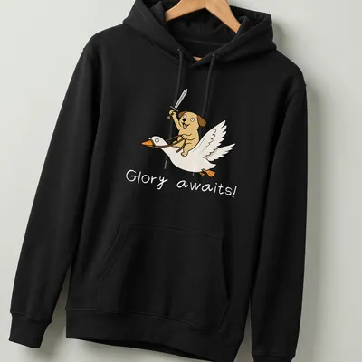 Cartoon of a dog riding a goose with the text 'Glory awaits!' — printed on a unisex hoodie