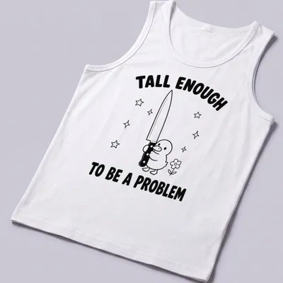 Cartoon duck holding a knife with humorous text in black and white — printed on a tank top
