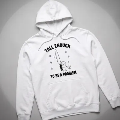 Cartoon duck holding a knife with humorous text in black and white — printed on a unisex hoodie